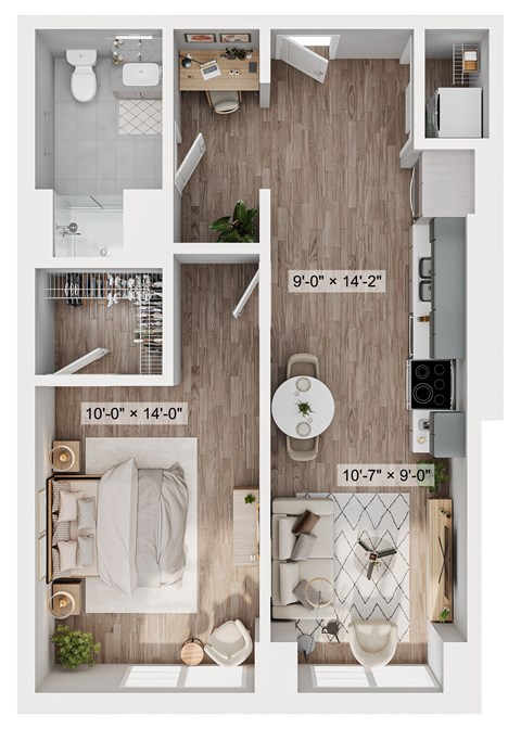 A floor plan of a small apartment with a kitchen, living room, and bathroom.